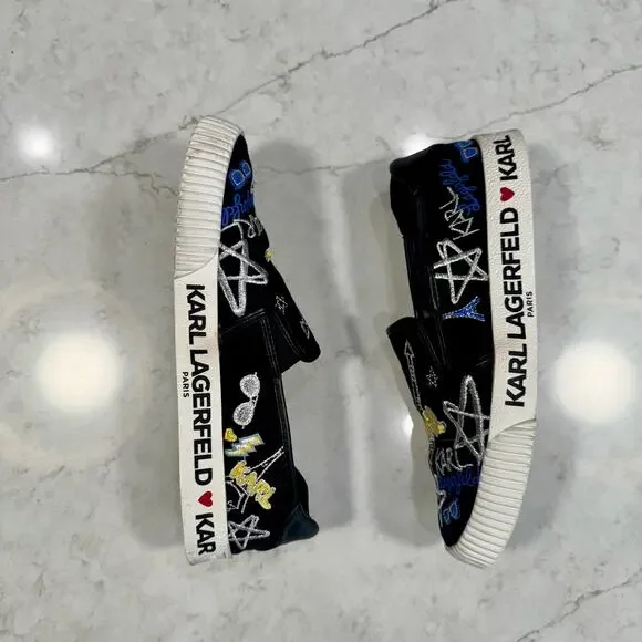 Karl Lagerfeld Paris Jazlyn Slip On Sneakers Size 8 Black Embroidered Graffiti - Picture 14 of 16